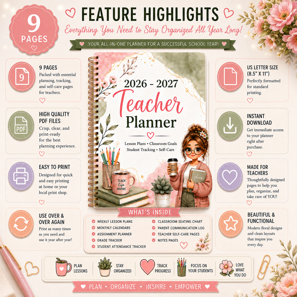 2026–2027 Teacher Planner Printable | Lesson Planner | Classroom Organizer | Digital Teacher Planner PDF | Homeschool Planner | Instant Download