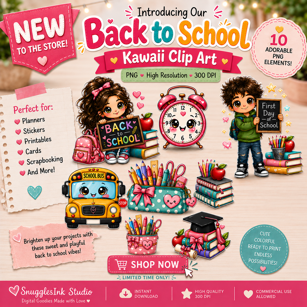 Back to School Kawaii Clip Art Bundle | 15 PNG Designs