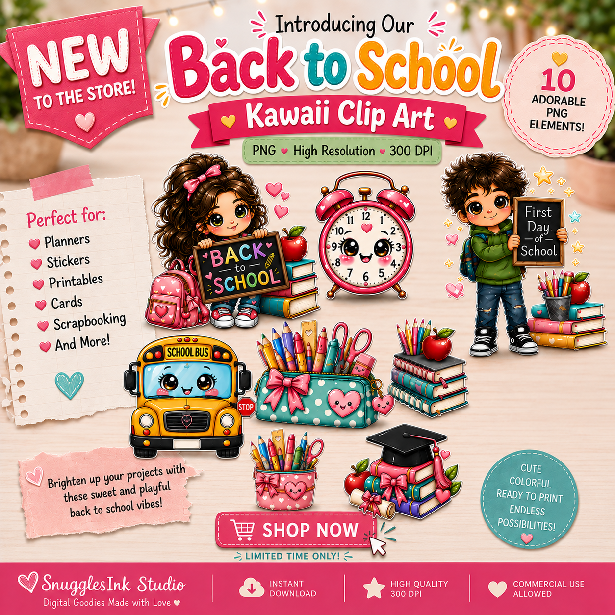 Back to School Kawaii Clip Art Bundle | 15 PNG Designs