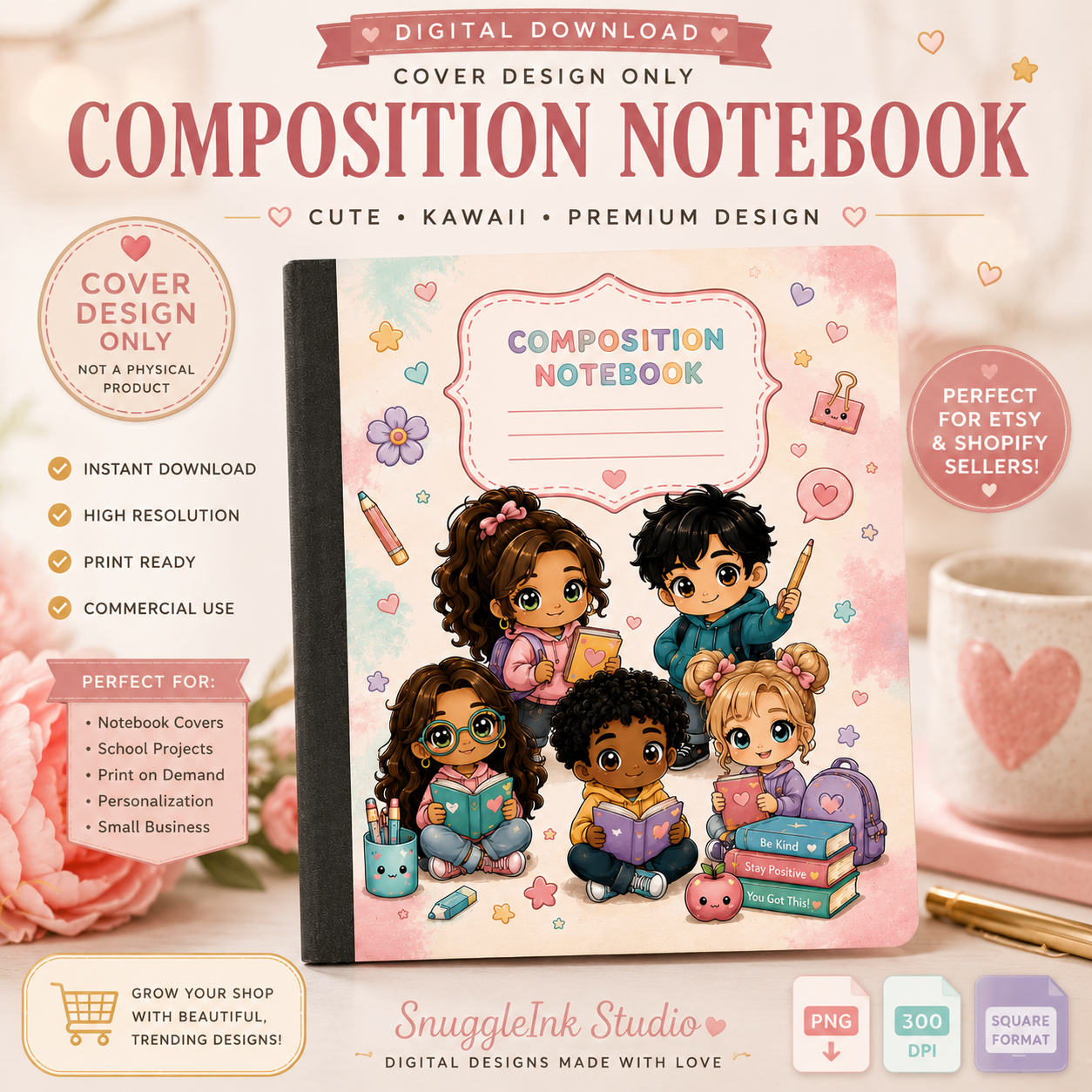 Kawaii School Composition Notebook Cover Design | Printable Digital Cover | Cute Chibi Classroom Theme | Instant Download