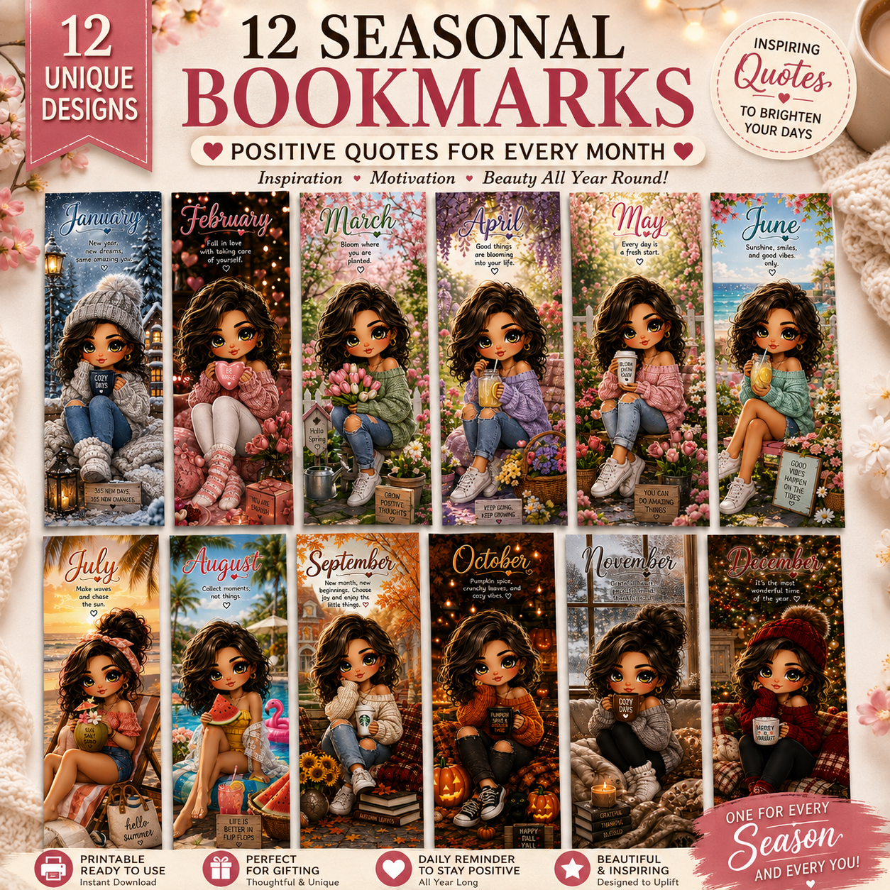 12 Seasonal Printable Bookmarks | Monthly Digital Bookmark Set