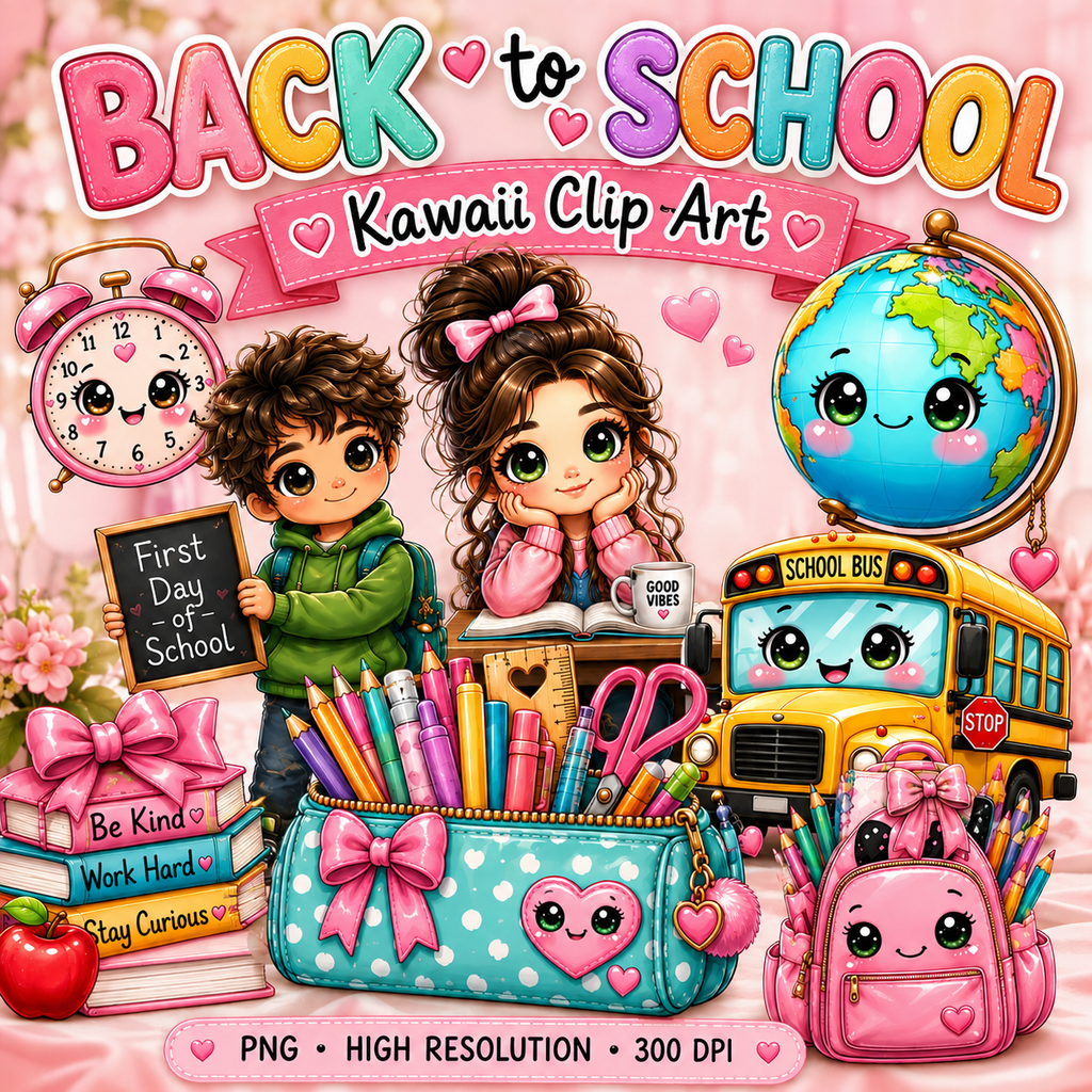 Back to School Kawaii Clip Art Bundle | 15 PNG Designs