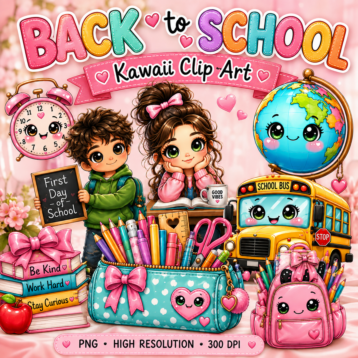 Back to School Kawaii Clip Art Bundle | 15 PNG Designs