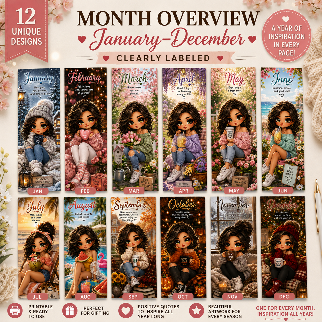 12 Seasonal Printable Bookmarks | Monthly Digital Bookmark Set