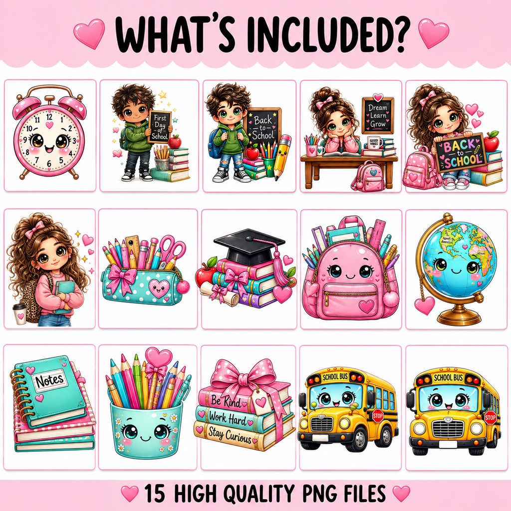 Back to School Kawaii Clip Art Bundle | 15 PNG Designs
