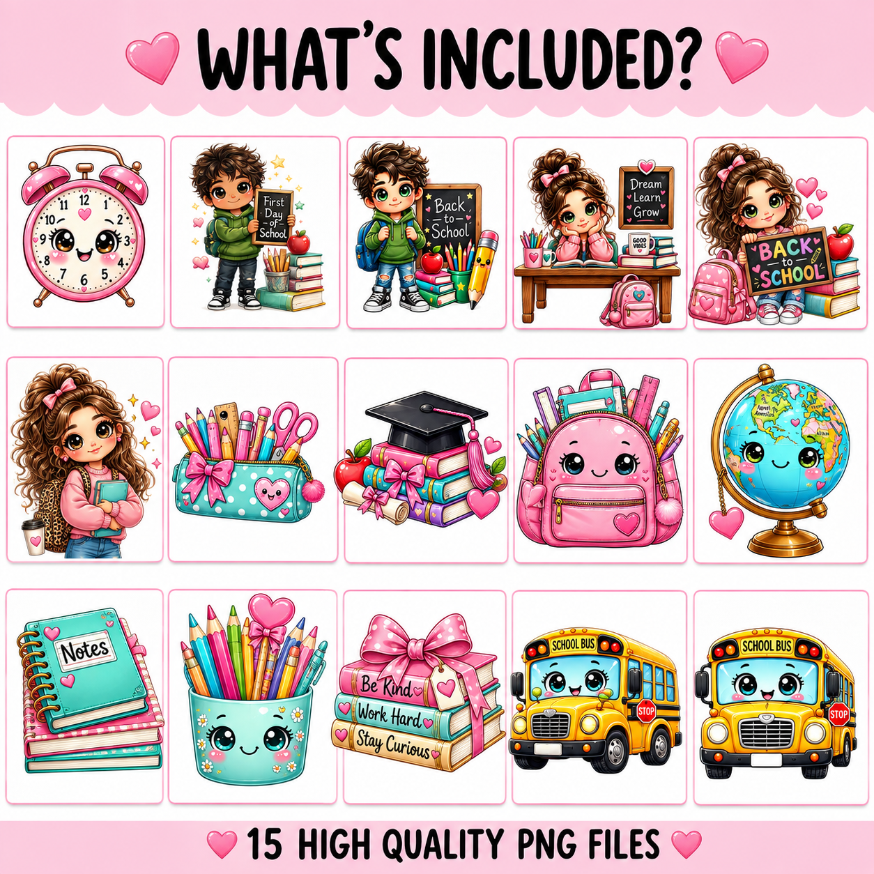 Back to School Kawaii Clip Art Bundle | 15 PNG Designs