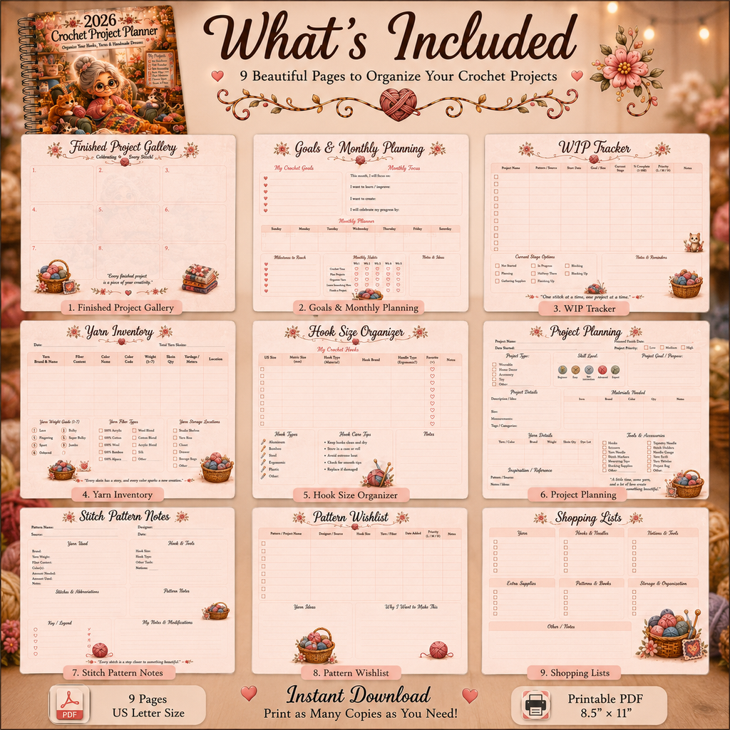 2026 Crochet Project Planner Printable | Crochet Journal | Yarn Inventory & Hook Organizer | WIP Tracker | Crochet Planner PDF | Instant Download