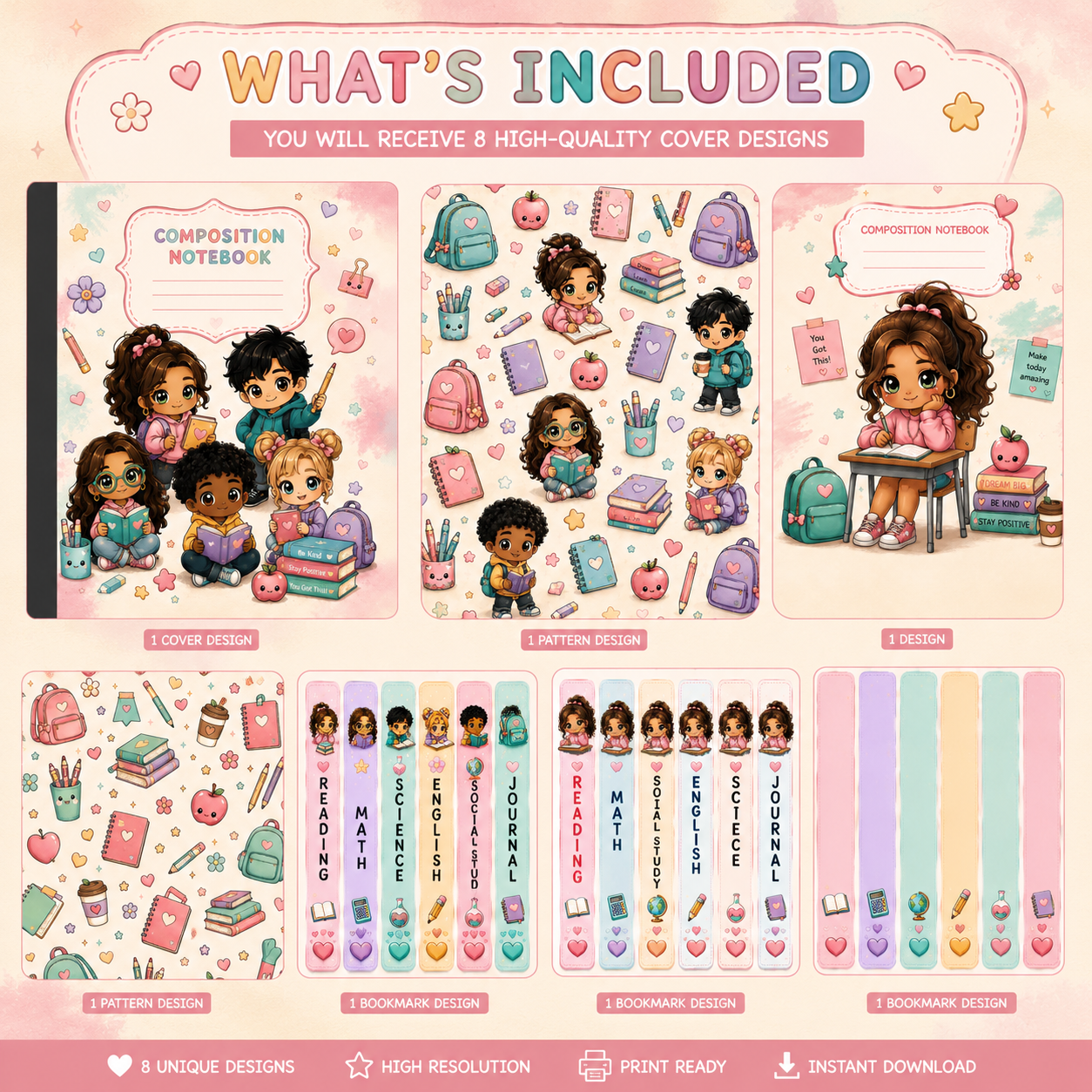 Kawaii School Composition Notebook Cover Design | Printable Digital Cover | Cute Chibi Classroom Theme | Instant Download