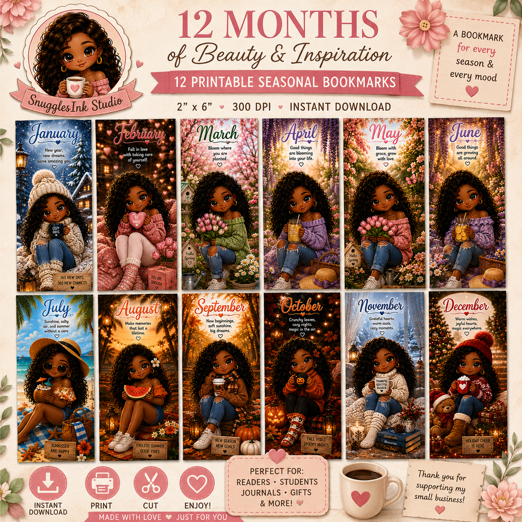 12-Month Printable Seasonal Bookmarks | 2" × 6" Digital Bookmark Set