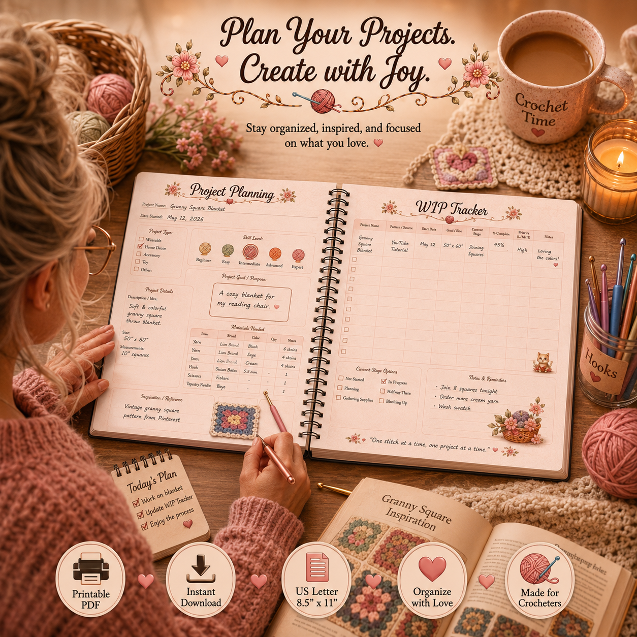 2026 Crochet Project Planner Printable | Crochet Journal | Yarn Inventory & Hook Organizer | WIP Tracker | Crochet Planner PDF | Instant Download