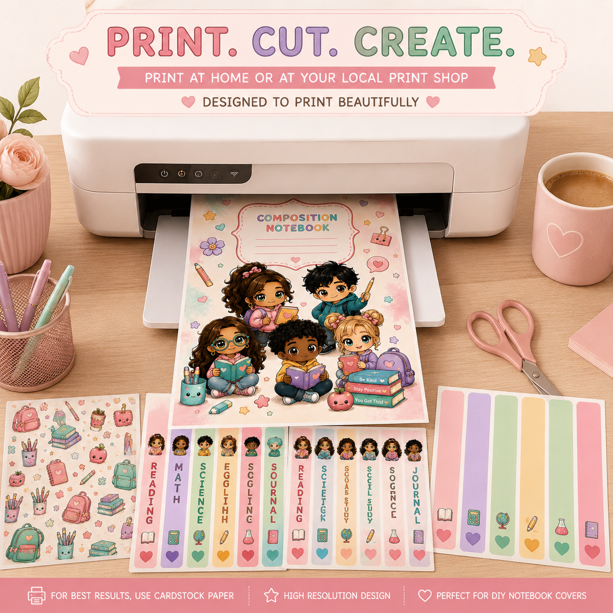 Kawaii School Composition Notebook Cover Design | Printable Digital Cover | Cute Chibi Classroom Theme | Instant Download