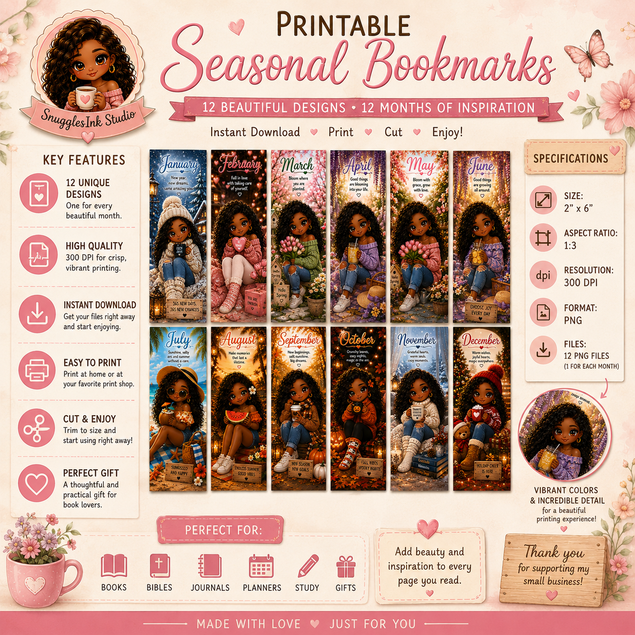 12-Month Printable Seasonal Bookmarks | 2" × 6" Digital Bookmark Set