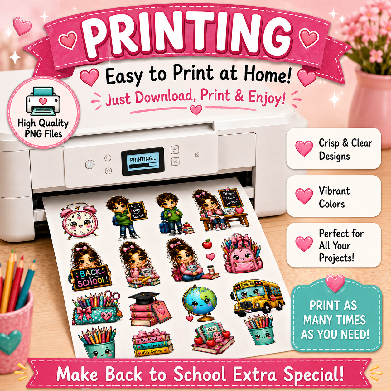 Back to School Kawaii Clip Art Bundle | 15 PNG Designs