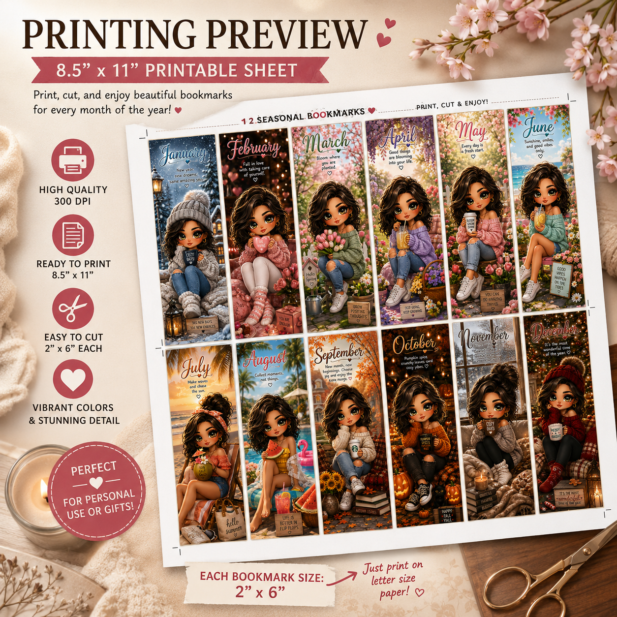 12 Seasonal Printable Bookmarks | Monthly Digital Bookmark Set