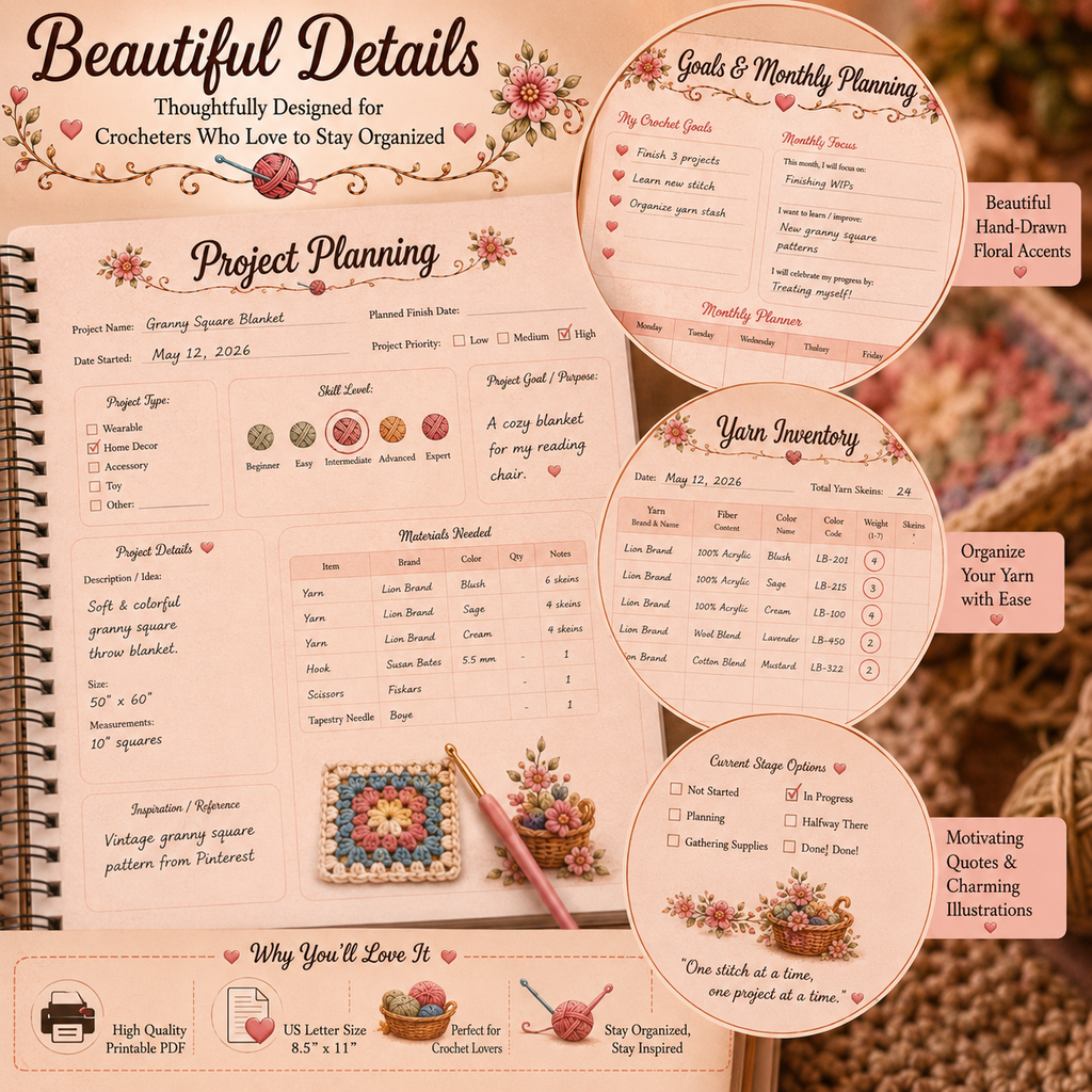 2026 Crochet Project Planner Printable | Crochet Journal | Yarn Inventory & Hook Organizer | WIP Tracker | Crochet Planner PDF | Instant Download