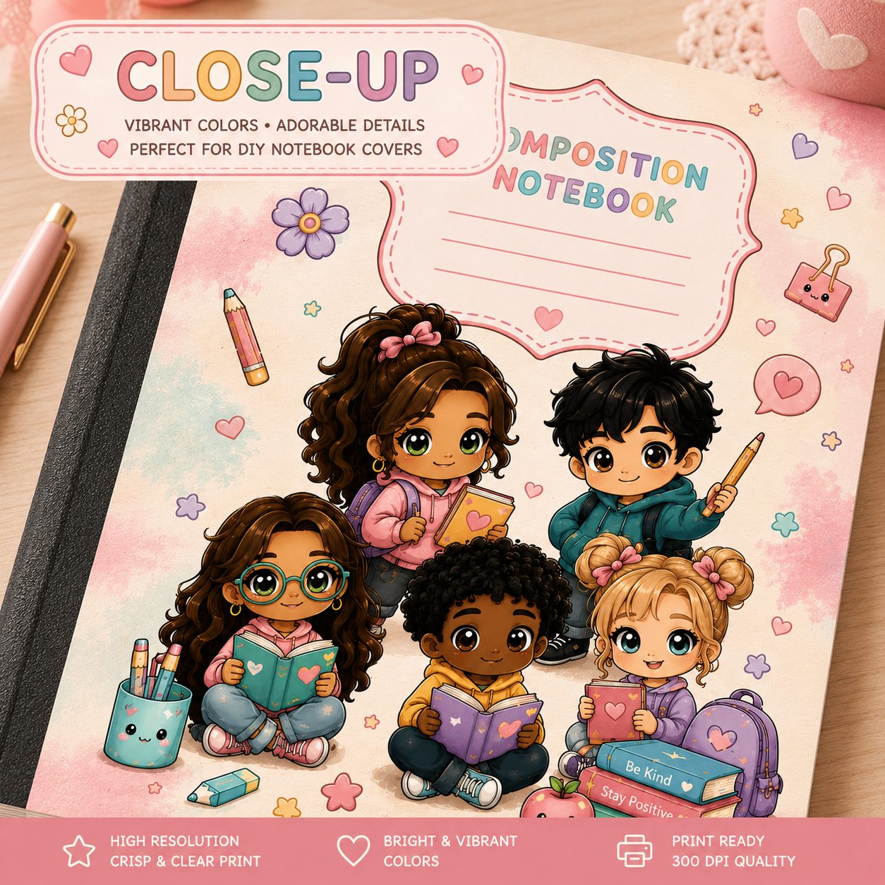 Kawaii School Composition Notebook Cover Design | Printable Digital Cover | Cute Chibi Classroom Theme | Instant Download