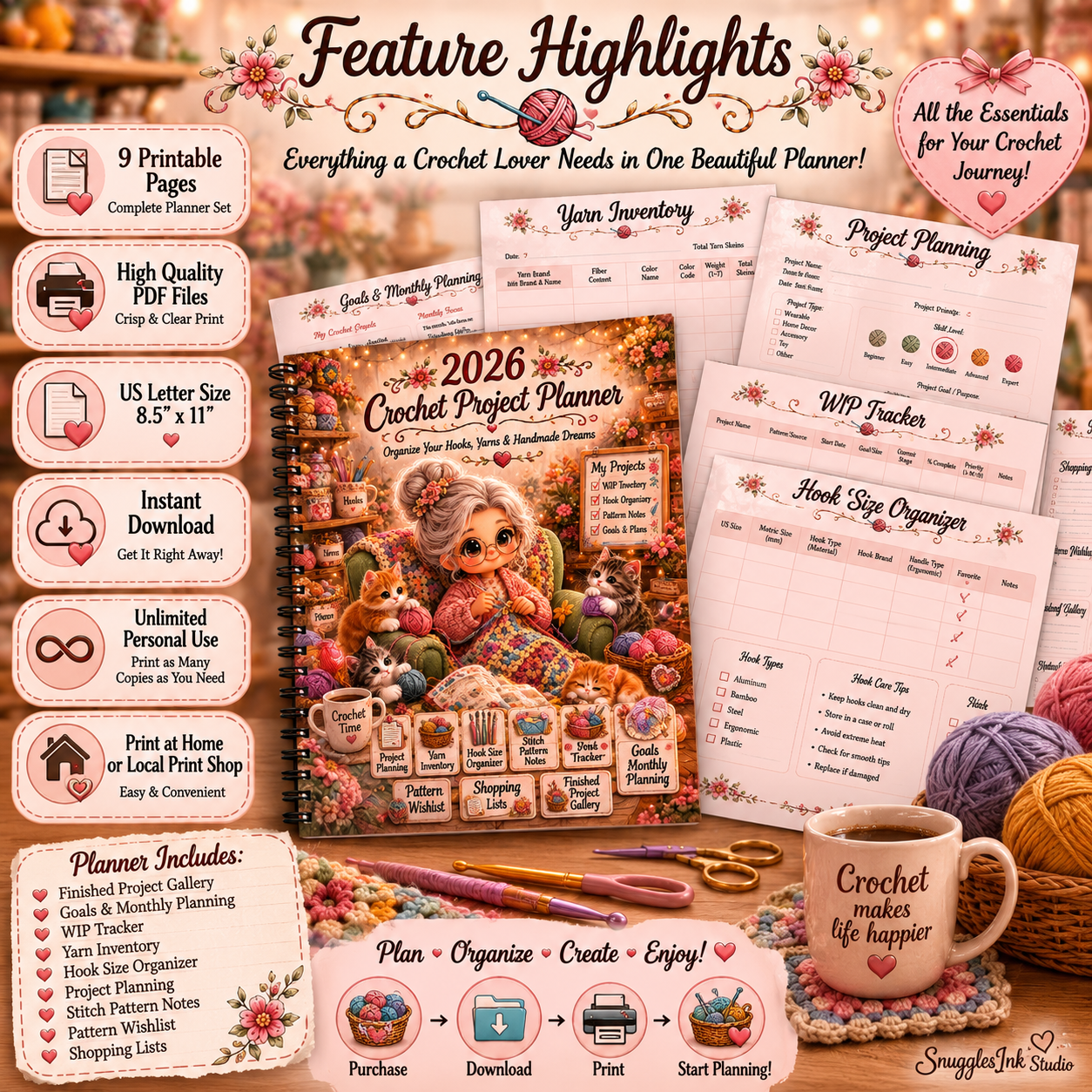 2026 Crochet Project Planner Printable | Crochet Journal | Yarn Inventory & Hook Organizer | WIP Tracker | Crochet Planner PDF | Instant Download
