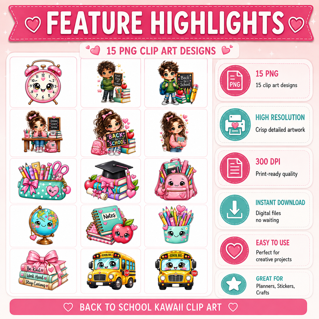 Back to School Kawaii Clip Art Bundle | 15 PNG Designs