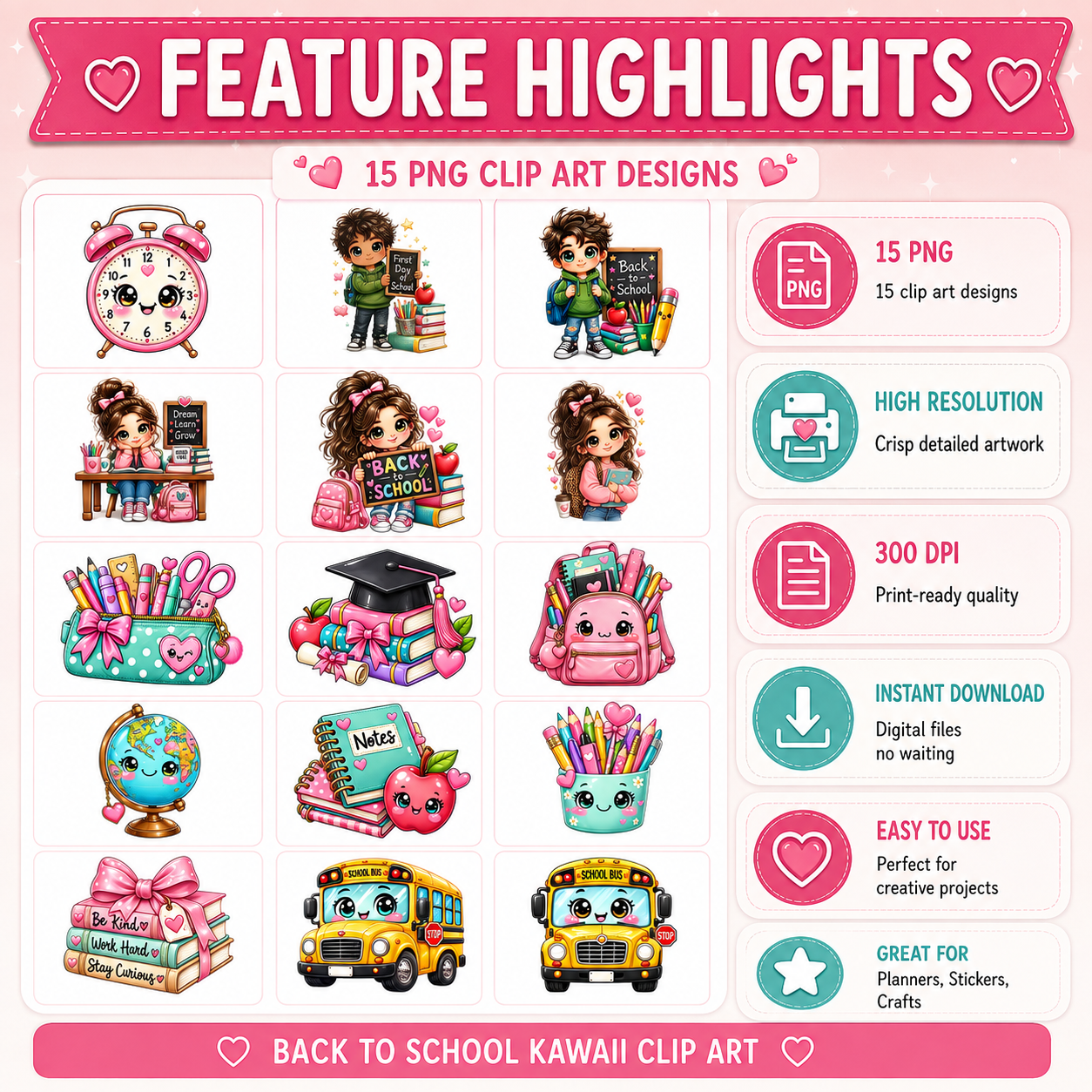 Back to School Kawaii Clip Art Bundle | 15 PNG Designs