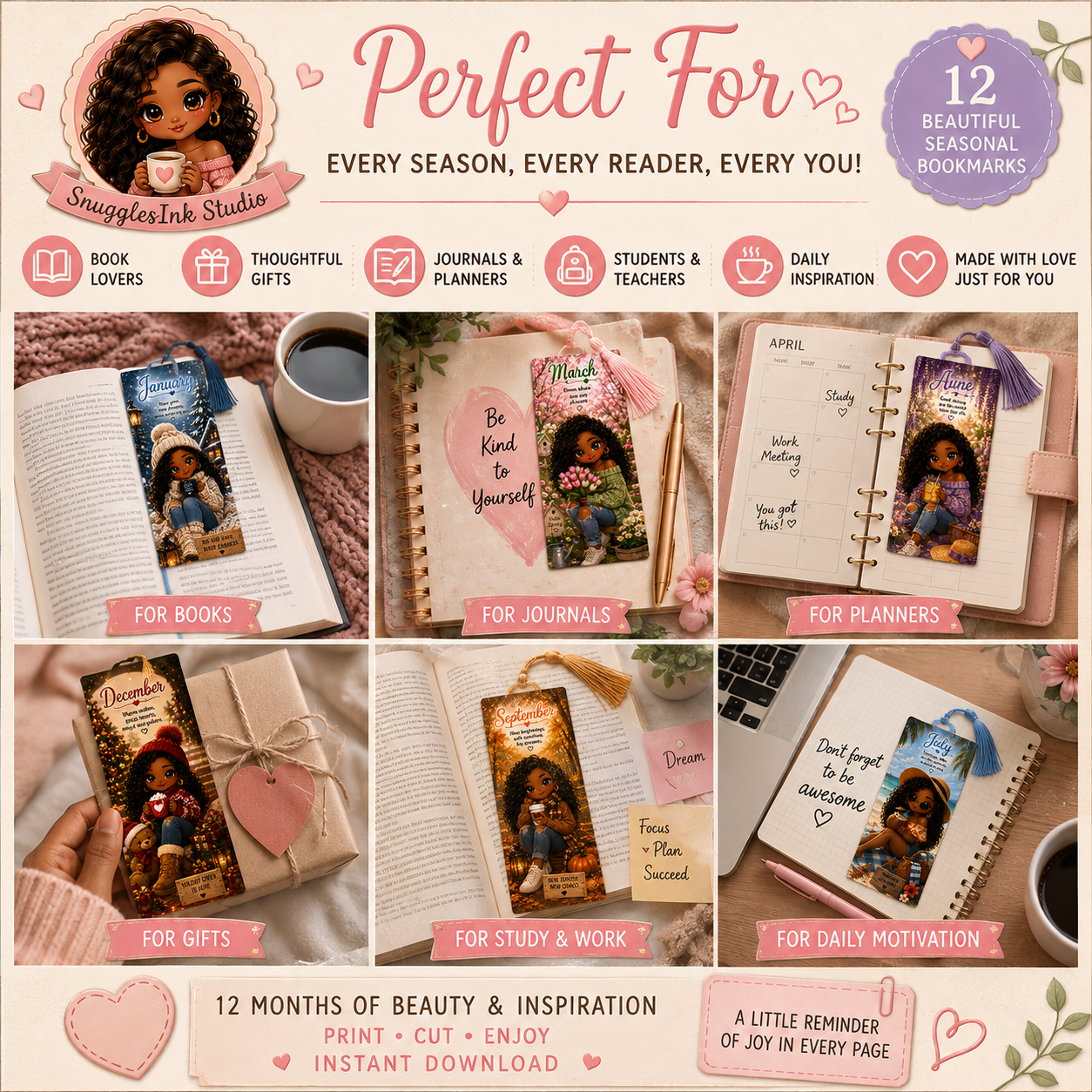 12-Month Printable Seasonal Bookmarks | 2" × 6" Digital Bookmark Set