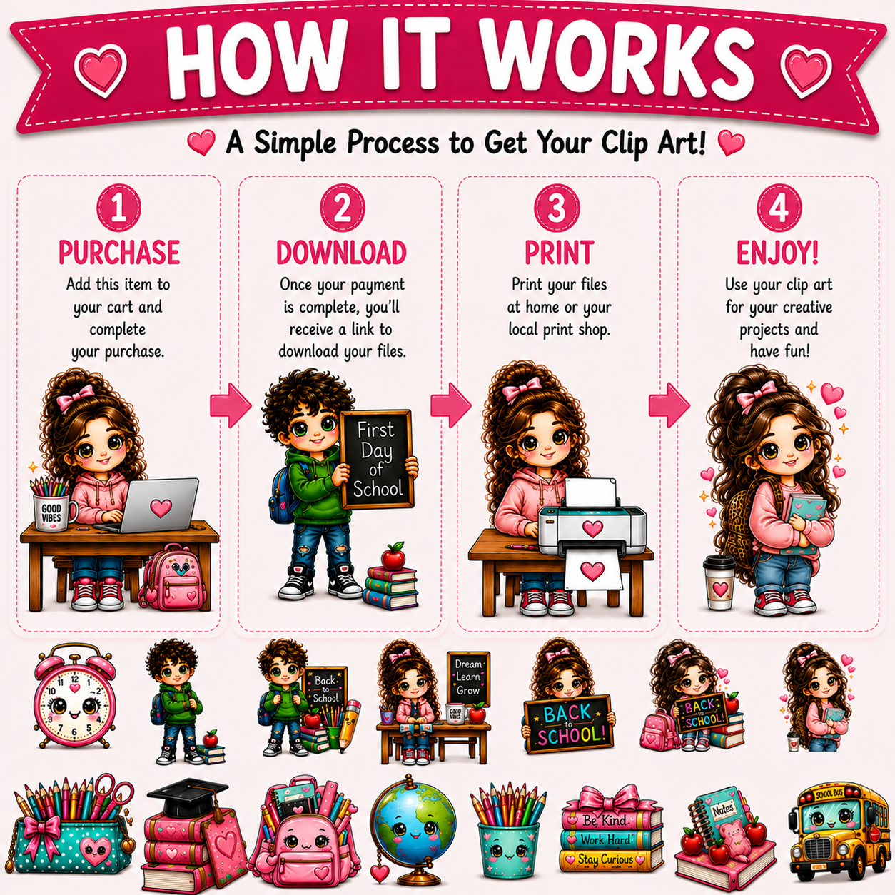 Back to School Kawaii Clip Art Bundle | 15 PNG Designs