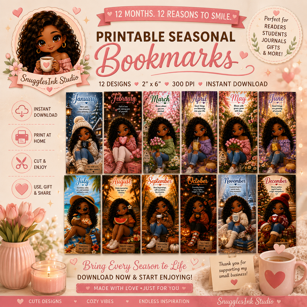 12-Month Printable Seasonal Bookmarks | 2" × 6" Digital Bookmark Set
