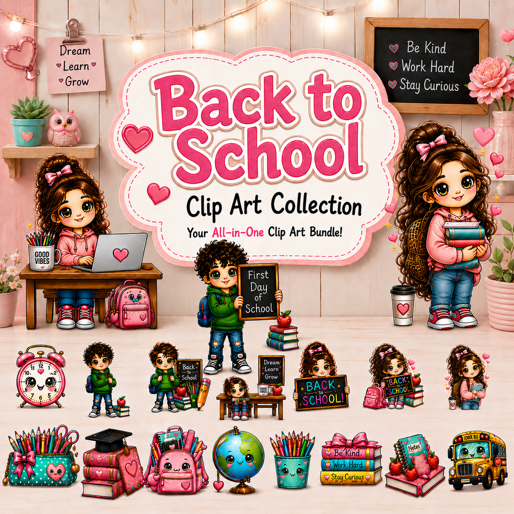 Back to School Kawaii Clip Art Bundle | 15 PNG Designs