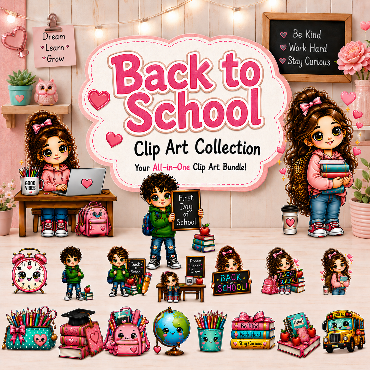 Back to School Kawaii Clip Art Bundle | 15 PNG Designs