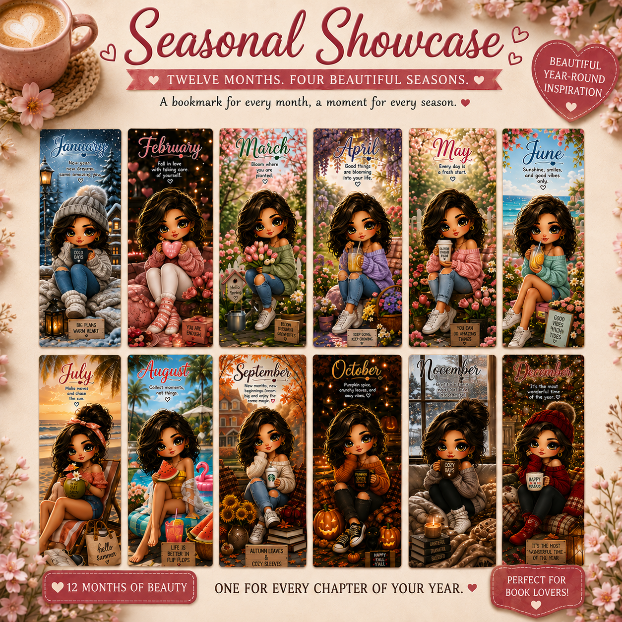 12 Seasonal Printable Bookmarks | Monthly Digital Bookmark Set