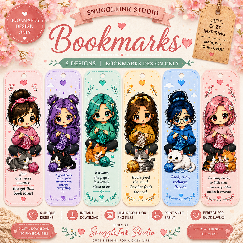 Cozy Crochet Bookmarks PNG Bundle | 6 Cute Kawaii Chibi Bookmarks | Digital Download | Printable Bookmarks | Book Lover Gift | Reader Bookmark Set