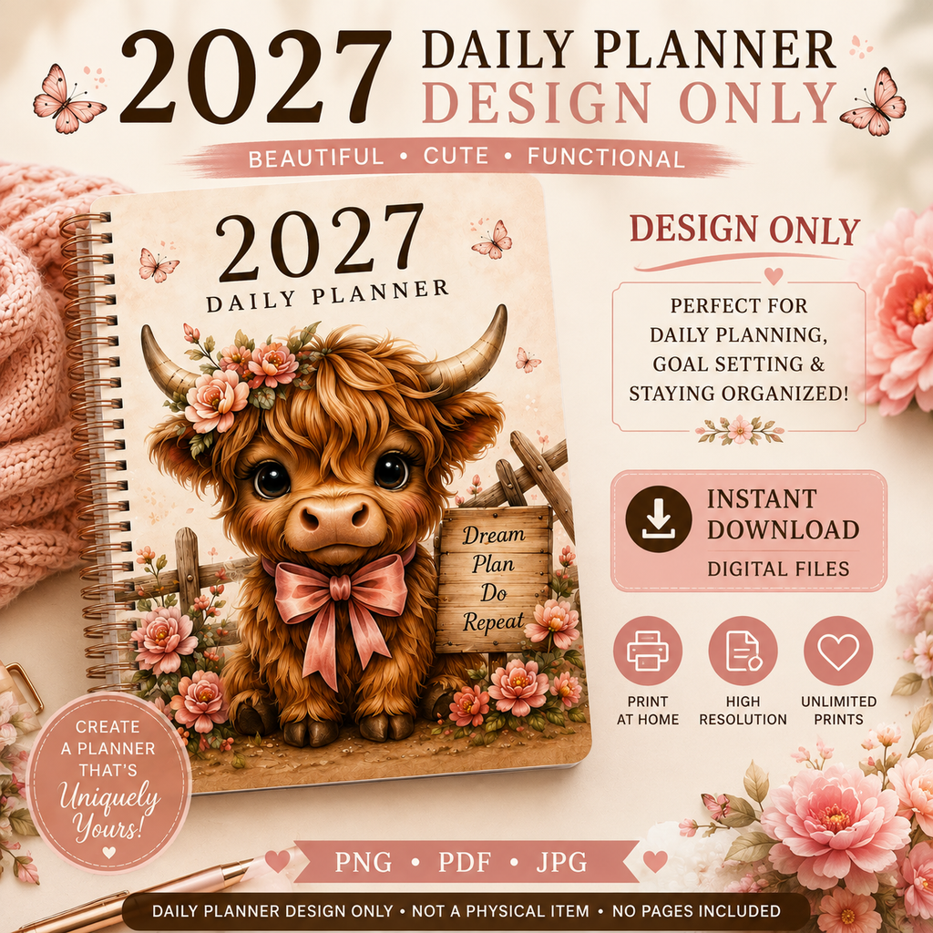 2027 Highland Cow Daily Planner – Printable Digital Planner