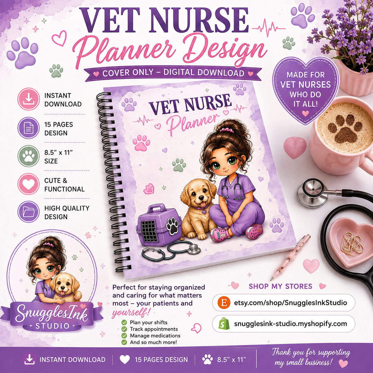 Vet Nurse Planner Design | Kawaii Veterinary Planner Cover | 15 Digital Pages | Instant Download