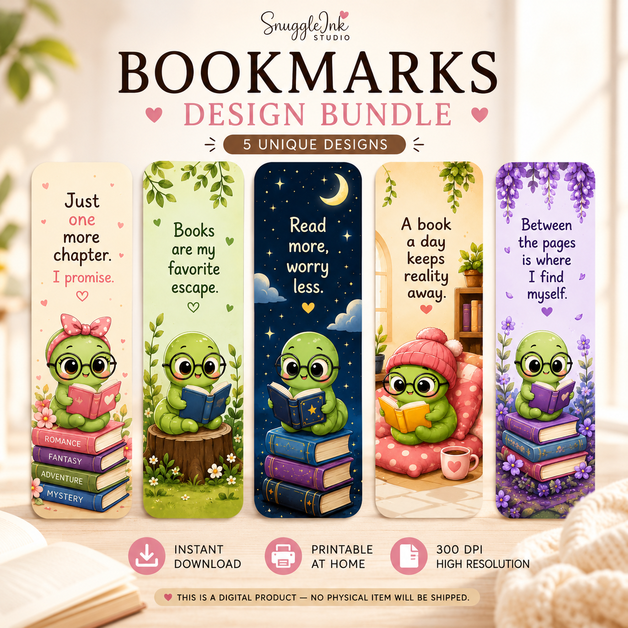 Kawaii Bookworm Printable Bookmark Set | 5 Cute Bookmarks | Instant PDF Download for Book Lovers & Readers