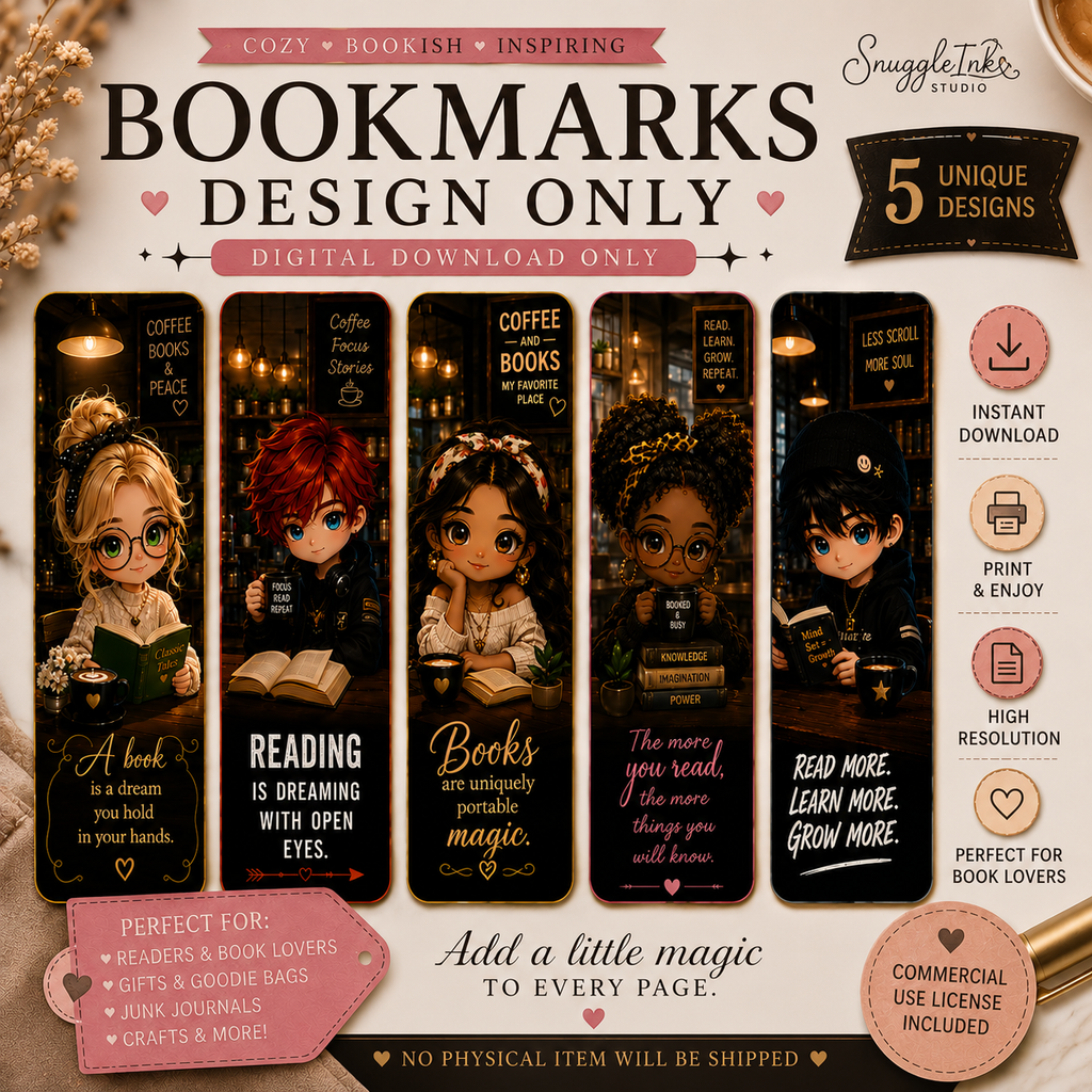Cozy Coffee & Reading Chibi Bookmark Design Set | 5 Cute Printable Bookmark Designs | Digital Download | Book Lover Gift | DIY Bookmarks