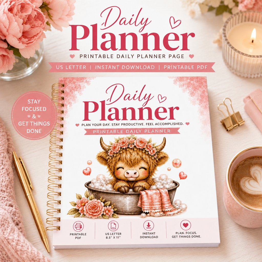 Highland Cow Daily Planner Printable PDF | Cute Pink Planner | Goal, Finance, Habit & Bucket List | Instant Download | US Letter 8.5 x 11