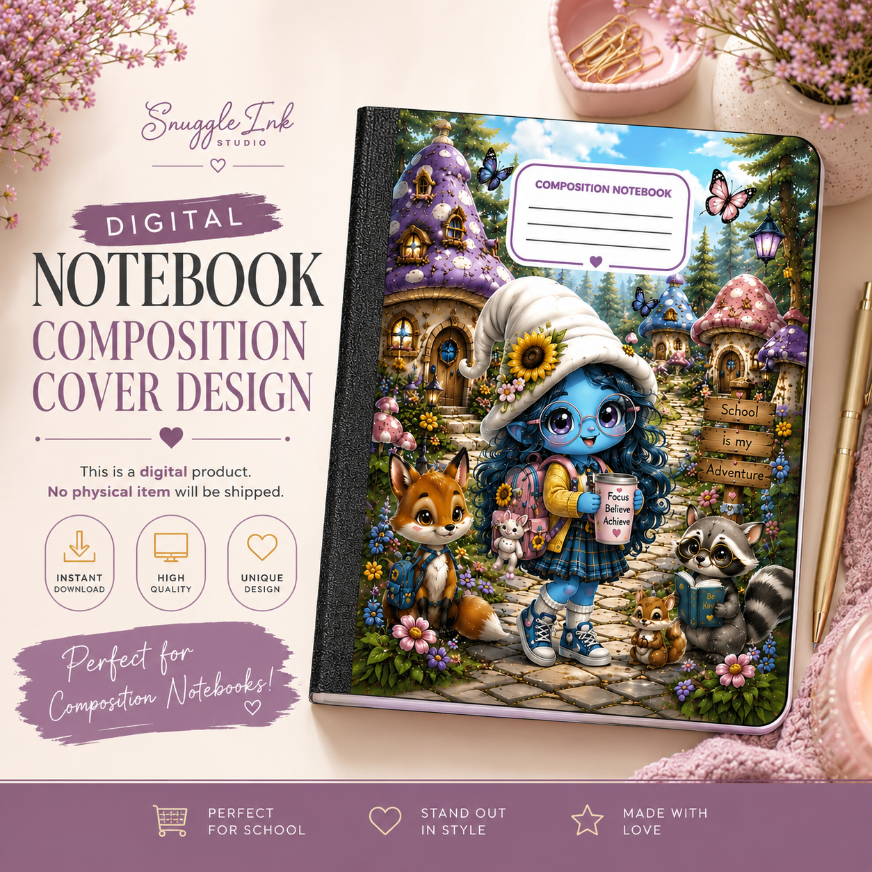 Magical Composition Notebook Cover Printable | Cute Fantasy School Notebook Cover | Kawaii Back to School Binder Cover | Instant Download PDF