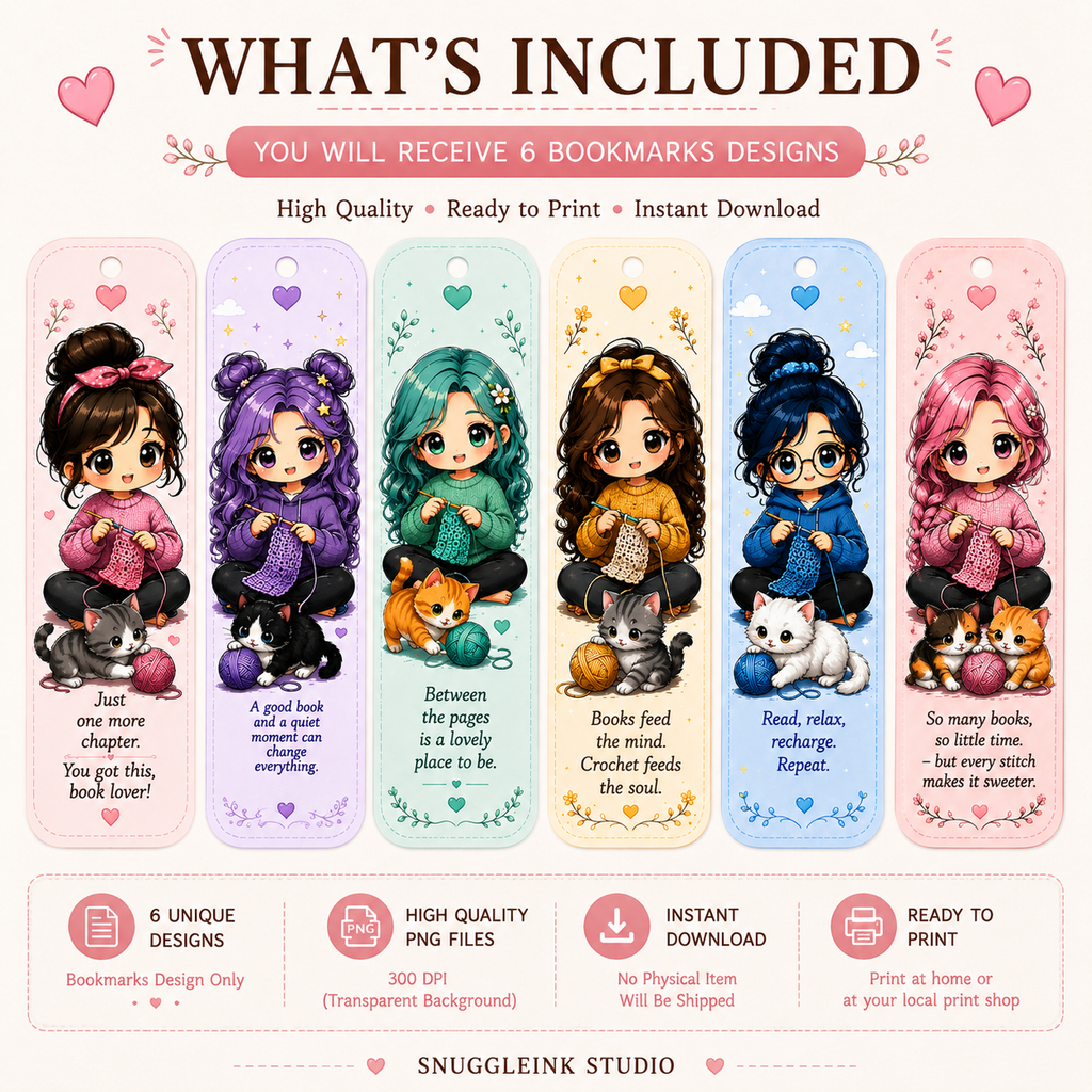Cozy Crochet Bookmarks PNG Bundle | 6 Cute Kawaii Chibi Bookmarks | Digital Download | Printable Bookmarks | Book Lover Gift | Reader Bookmark Set