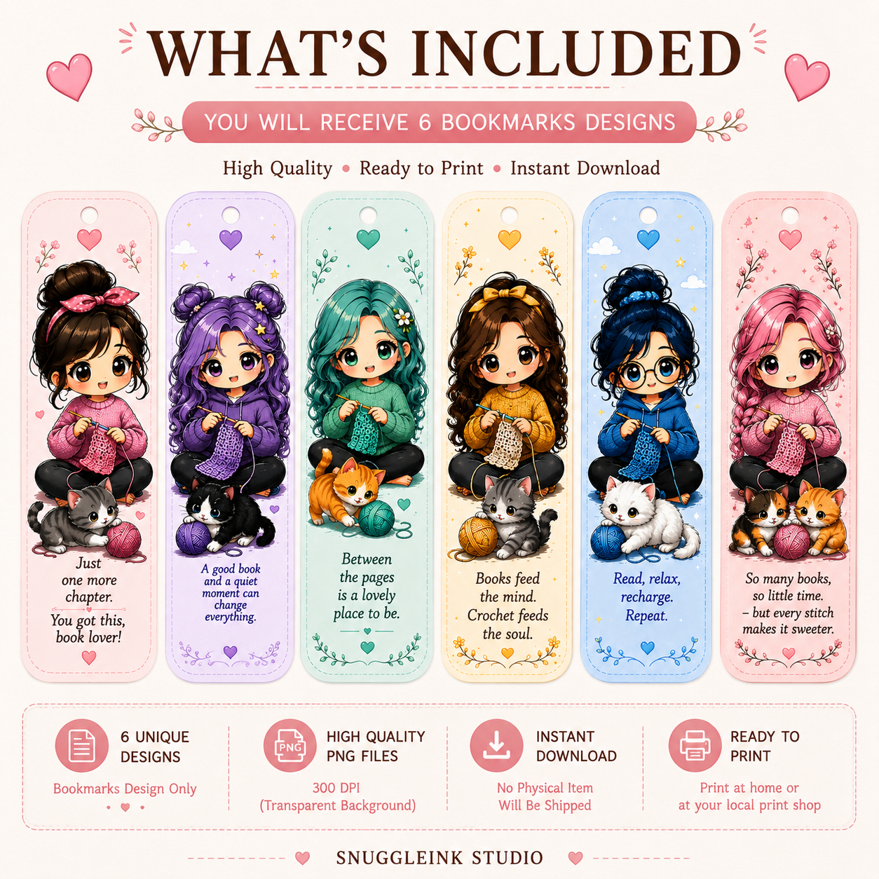 Cozy Crochet Bookmarks PNG Bundle | 6 Cute Kawaii Chibi Bookmarks | Digital Download | Printable Bookmarks | Book Lover Gift | Reader Bookmark Set