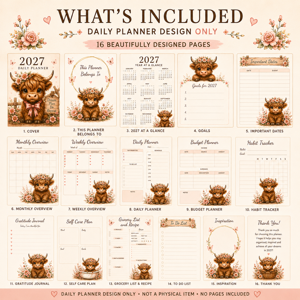 2027 Highland Cow Daily Planner – Printable Digital Planner