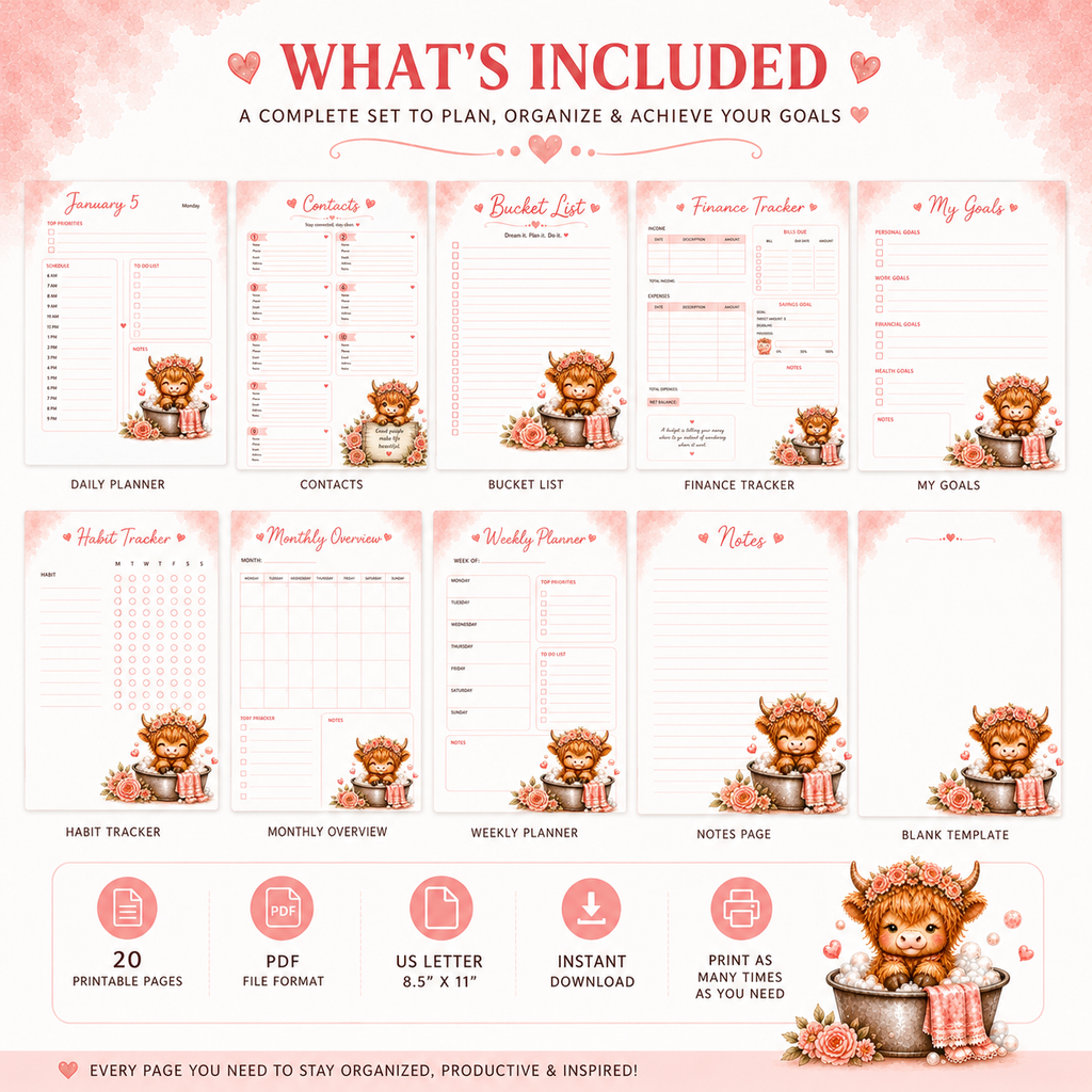 Highland Cow Daily Planner Printable PDF | Cute Pink Planner | Goal, Finance, Habit & Bucket List | Instant Download | US Letter 8.5 x 11