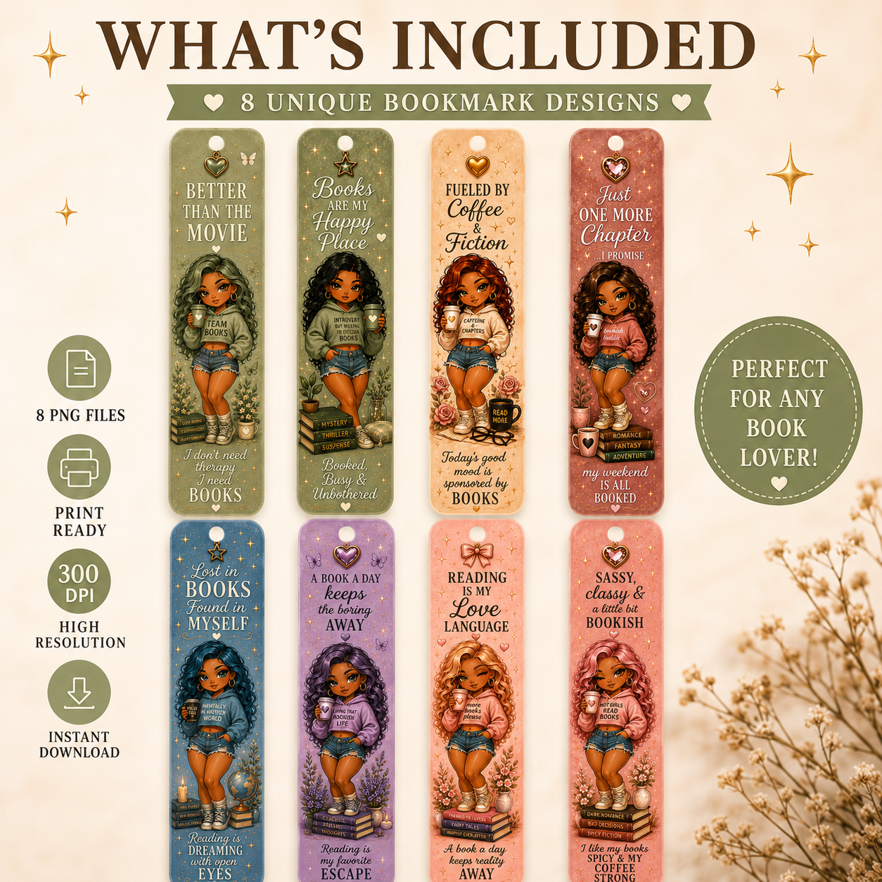 Baddie Bookmark Bundle | 8 Printable Cute Chibi Bookmarks | Instant Digital Download | PNG Bookmarks for Book Lovers