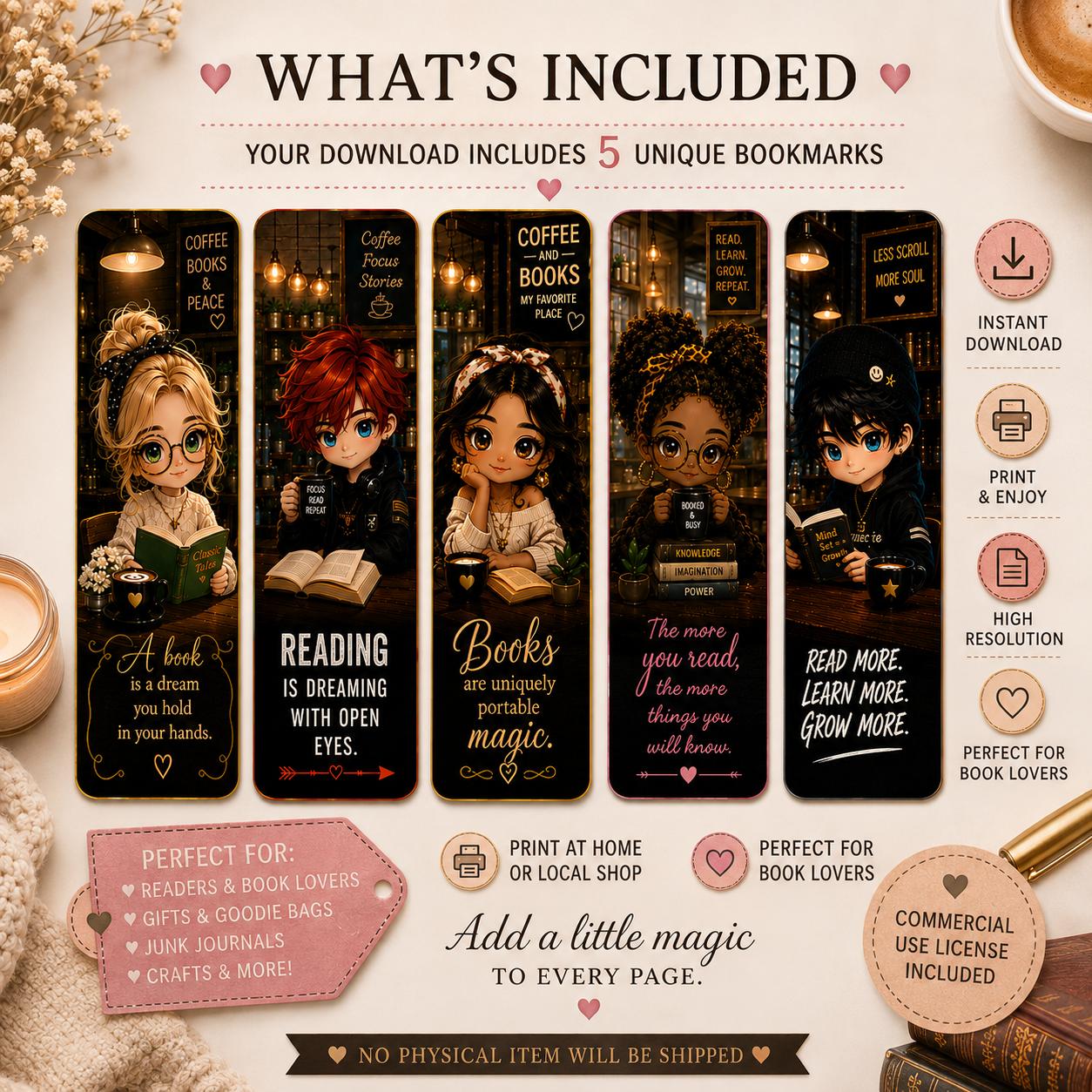 Cozy Coffee & Reading Chibi Bookmark Design Set | 5 Cute Printable Bookmark Designs | Digital Download | Book Lover Gift | DIY Bookmarks