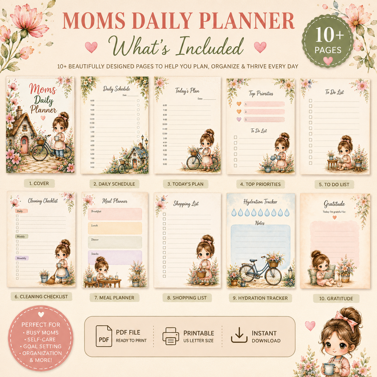 Moms Daily Planner Printable | Floral Daily Planner PDF | Instant Download | Printable Mom Organizer | US Letter | Digital Planner