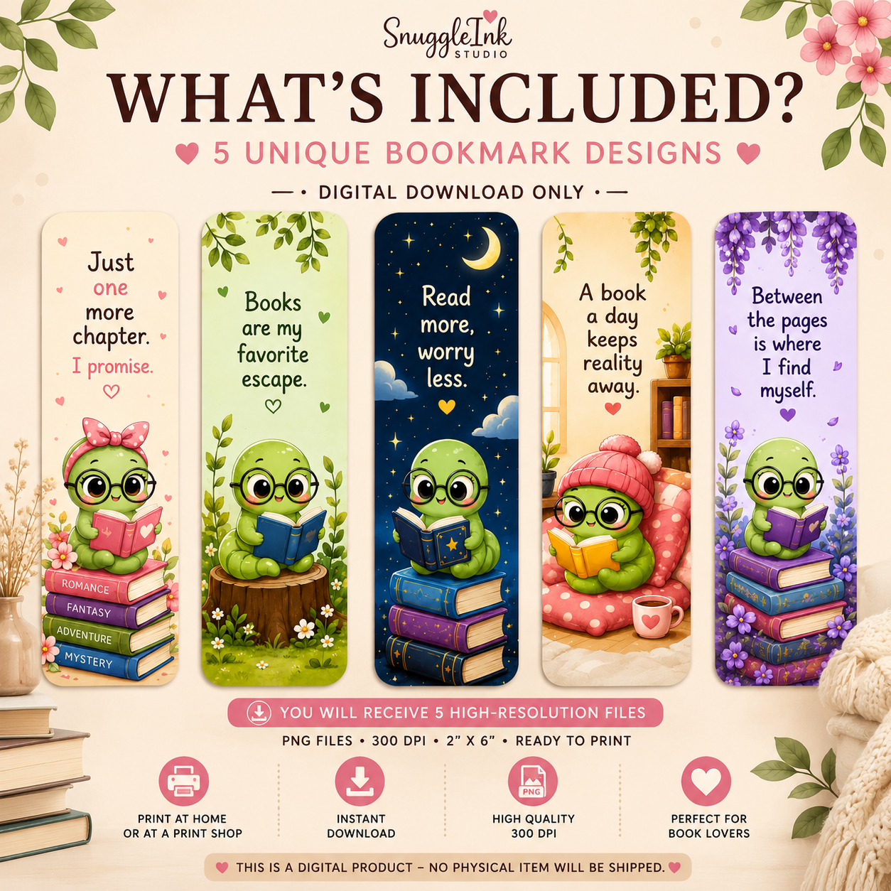 Kawaii Bookworm Printable Bookmark Set | 5 Cute Bookmarks | Instant PDF Download for Book Lovers & Readers