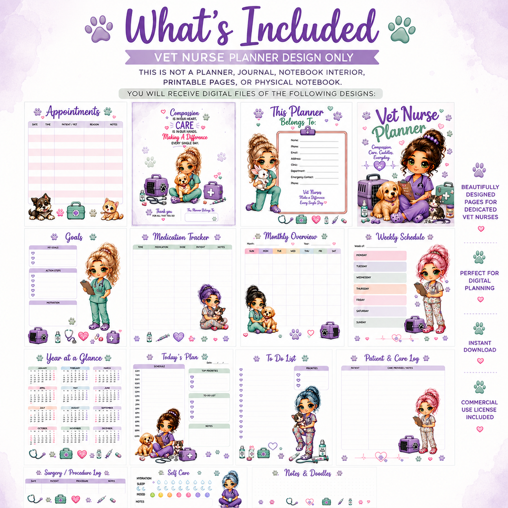 Vet Nurse Planner Design | Kawaii Veterinary Planner Cover | 15 Digital Pages | Instant Download