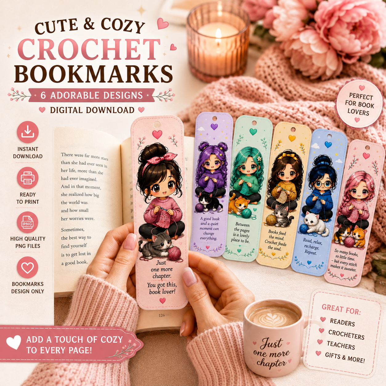Cozy Crochet Bookmarks PNG Bundle | 6 Cute Kawaii Chibi Bookmarks | Digital Download | Printable Bookmarks | Book Lover Gift | Reader Bookmark Set
