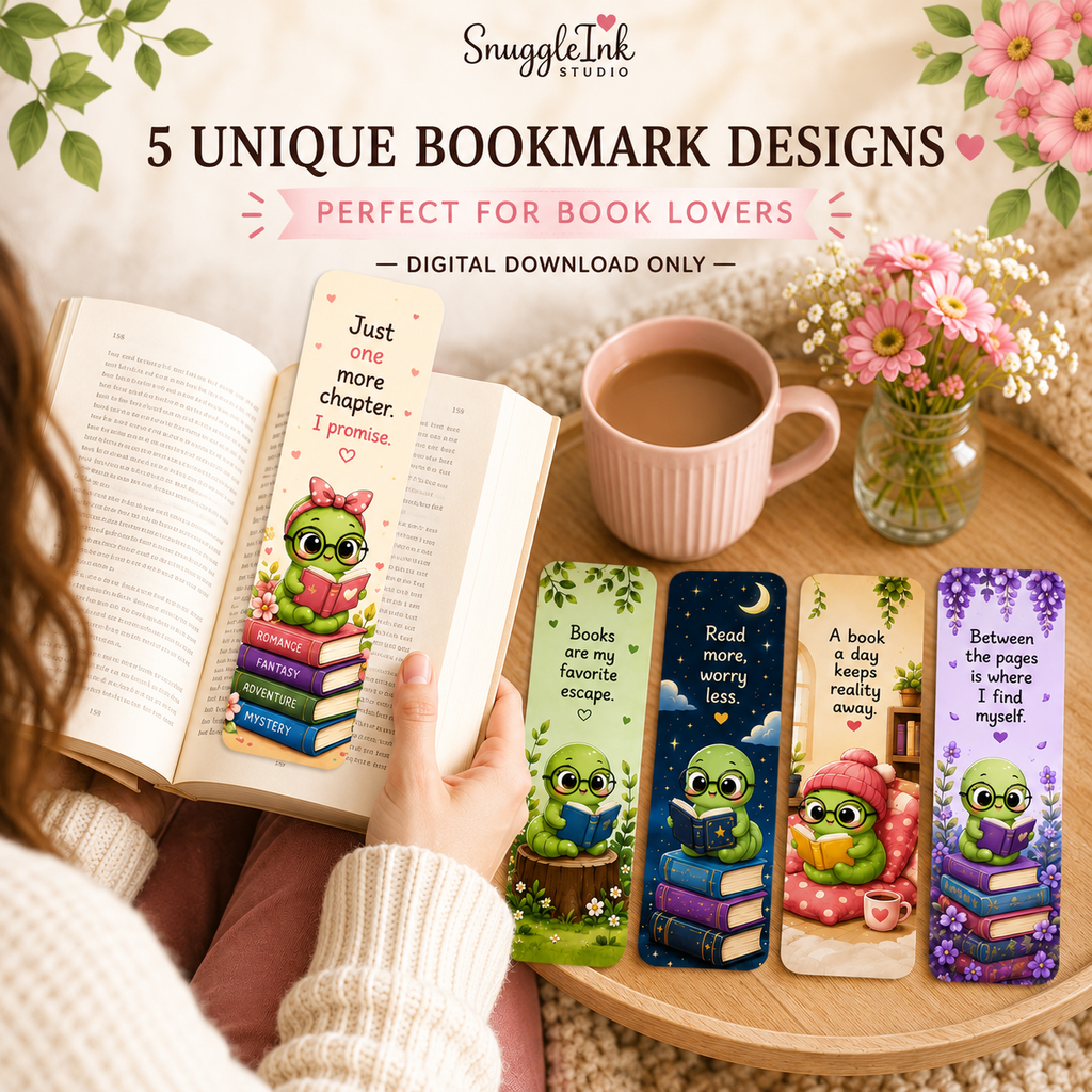 Kawaii Bookworm Printable Bookmark Set | 5 Cute Bookmarks | Instant PDF Download for Book Lovers & Readers