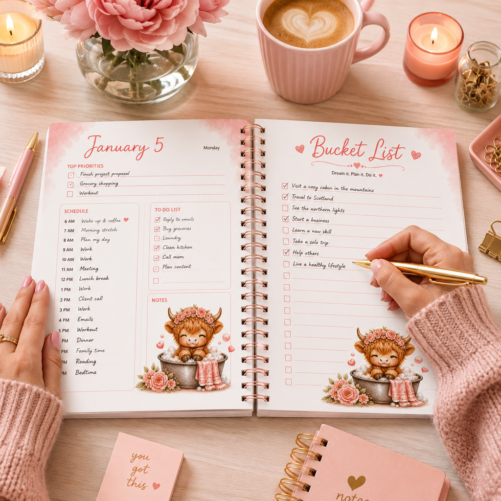 Highland Cow Daily Planner Printable PDF | Cute Pink Planner | Goal, Finance, Habit & Bucket List | Instant Download | US Letter 8.5 x 11