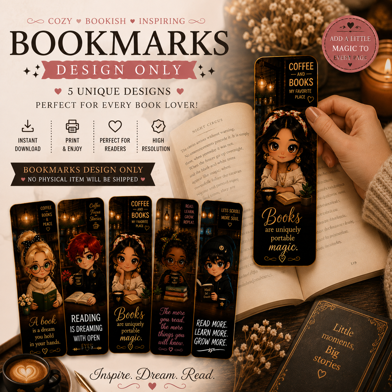 Cozy Coffee & Reading Chibi Bookmark Design Set | 5 Cute Printable Bookmark Designs | Digital Download | Book Lover Gift | DIY Bookmarks
