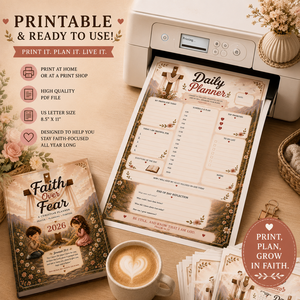 Faith Over Fear 2026 Christian Planner | Printable Daily Prayer Journal | Bible Study Planner | Instant PDF Download | Christian Digital Planner